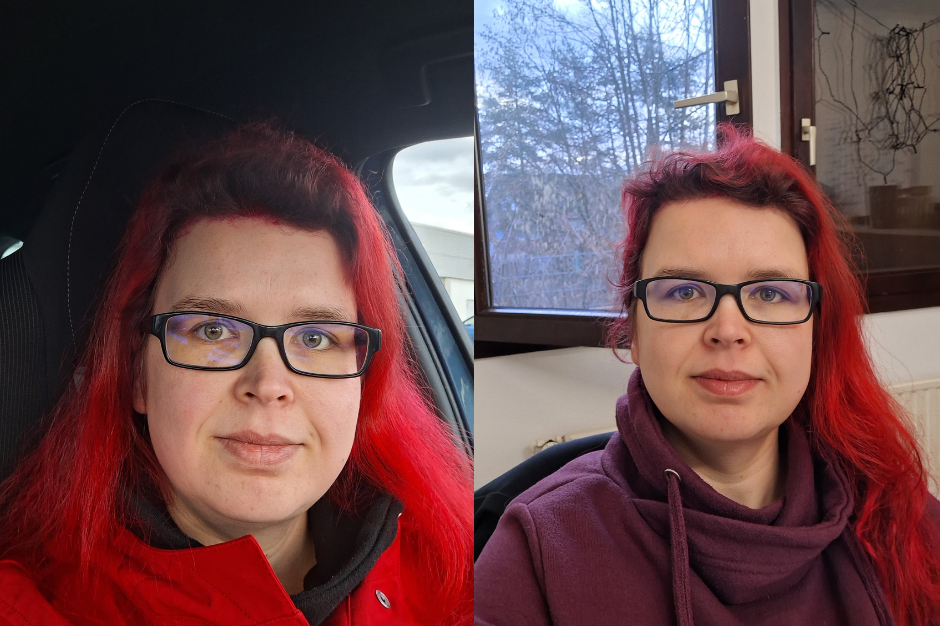 Frau Bachmann, rote Haare, Brille und ein freundliches Lächeln